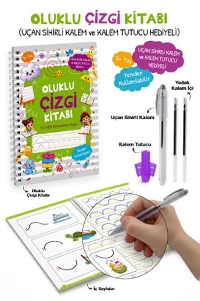 Oluklu Çizgi Kitabı / Uçan Sihirli Kalem ve Kalem Tutucu Hediyeli  3+